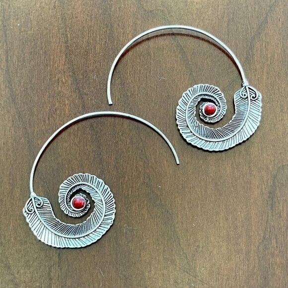 Medium Silver Feather Spiral Earrings in Red or Turquoise Blue #687 - Picture 13 of 15